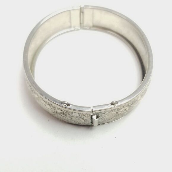 Vintage Floral Pattern Silve Tone HInged Bangle Bracelet, Stacking, Estate - Picture 4 of 8